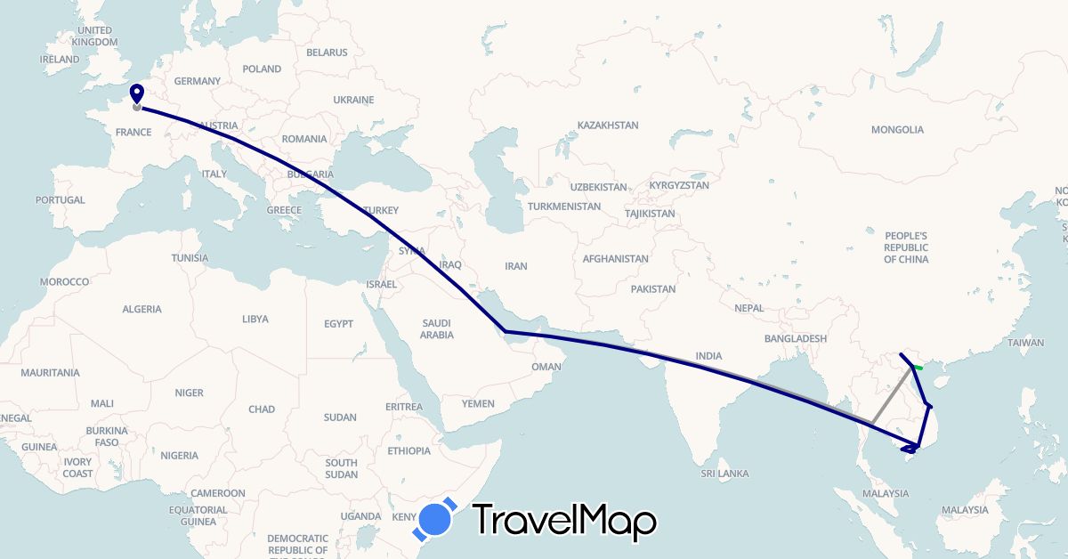 TravelMap itinerary: driving, bus, plane in France, Qatar, Thailand, Vietnam (Asia, Europe)