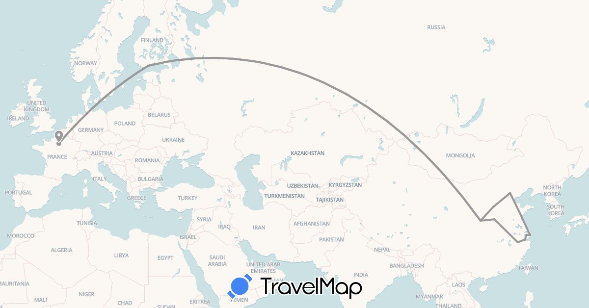 TravelMap itinerary: plane in China, Finland, France (Asia, Europe)