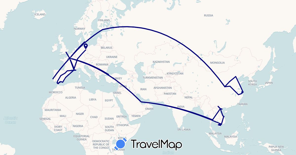 TravelMap itinerary: driving in China, Germany, Denmark, Spain, Finland, France, United Kingdom, Gibraltar, Portugal, Qatar, Thailand, Turkey, Vietnam (Asia, Europe)